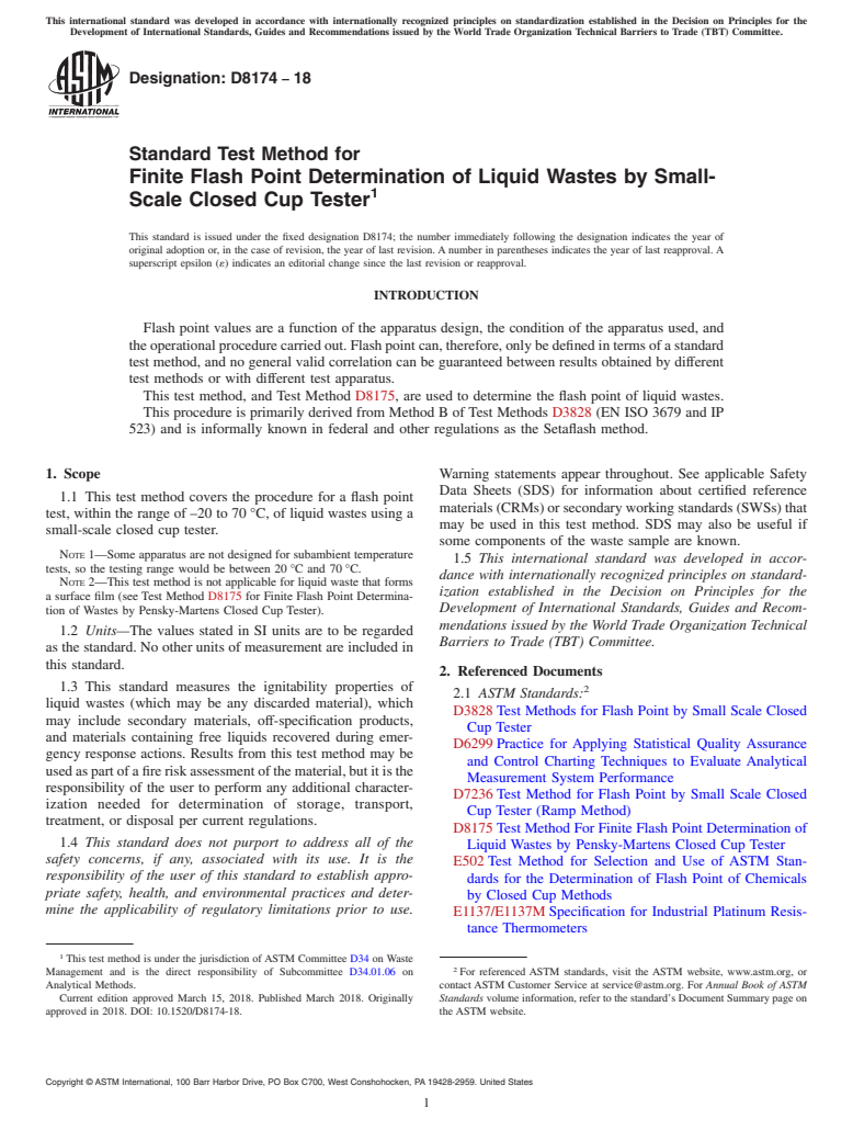 ASTM D8174-18 - Standard Test Method for Finite Flash Point Determination of Liquid Wastes by Small-Scale  Closed Cup Tester