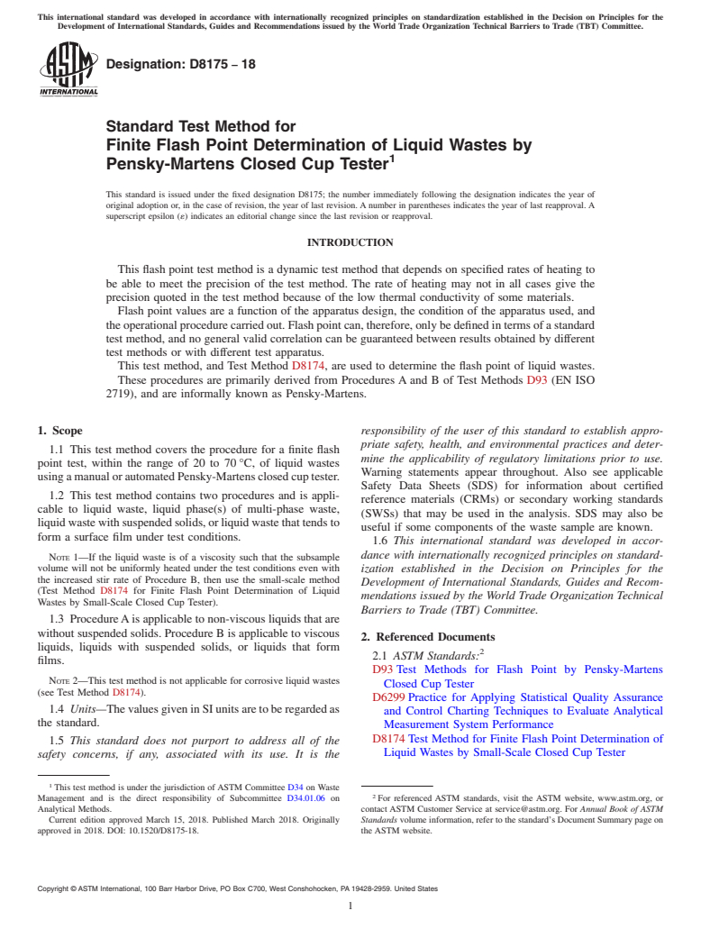 ASTM D8175-18 - Standard Test Method for Finite Flash Point Determination of Liquid Wastes by Pensky-Martens  Closed Cup Tester