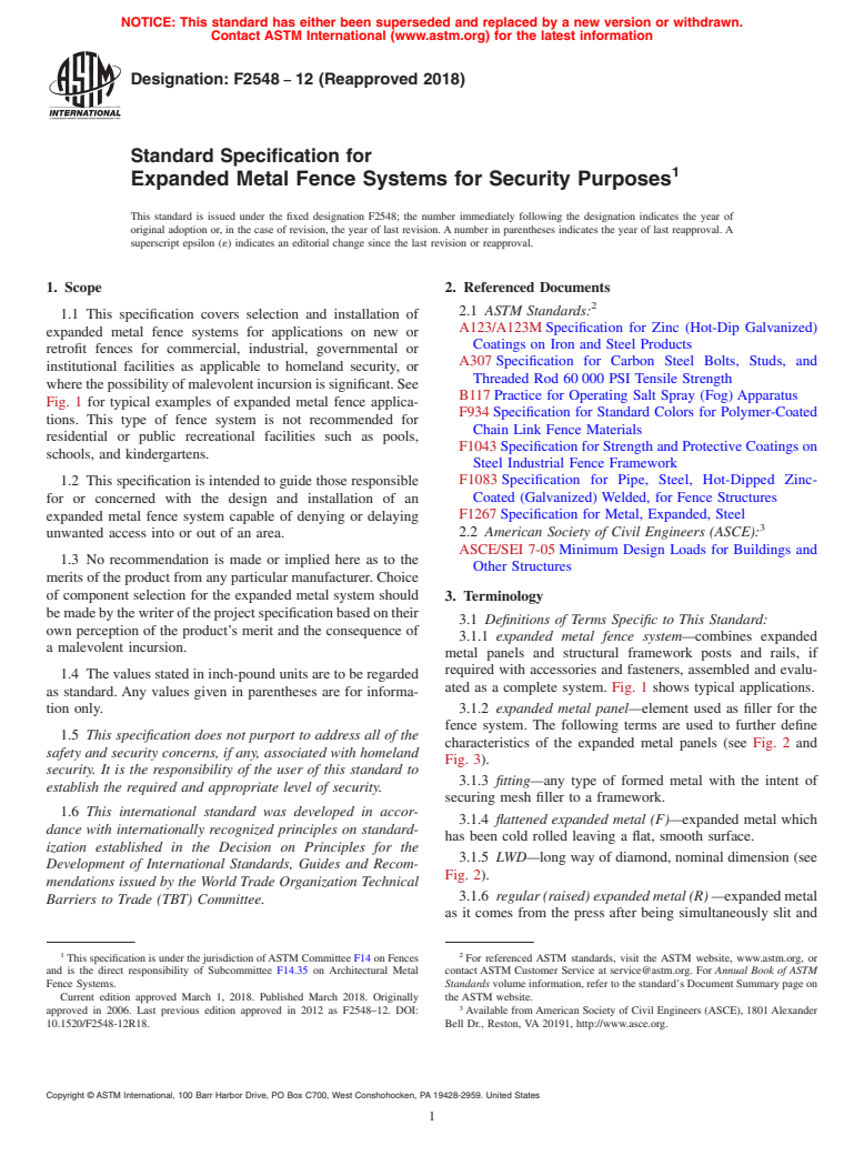 ASTM F2548-12(2018) - Standard Specification for  Expanded Metal Fence Systems for Security Purposes