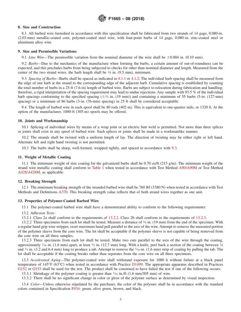 REDLINE ASTM F1665-08(2018) - Standard Specification for  Poly(Vinyl Chloride) (PVC) and Other Conforming Organic Polymer-Coated  Steel Barbed Wire Used With Chain-Link Fence