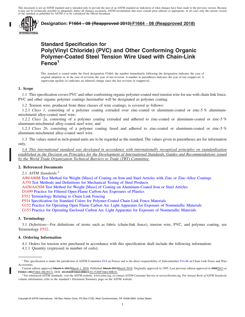 REDLINE ASTM F1664-08(2018) - Standard Specification for  Poly(Vinyl Chloride) (PVC) and Other Conforming Organic Polymer-Coated  Steel Tension Wire Used with Chain-Link Fence