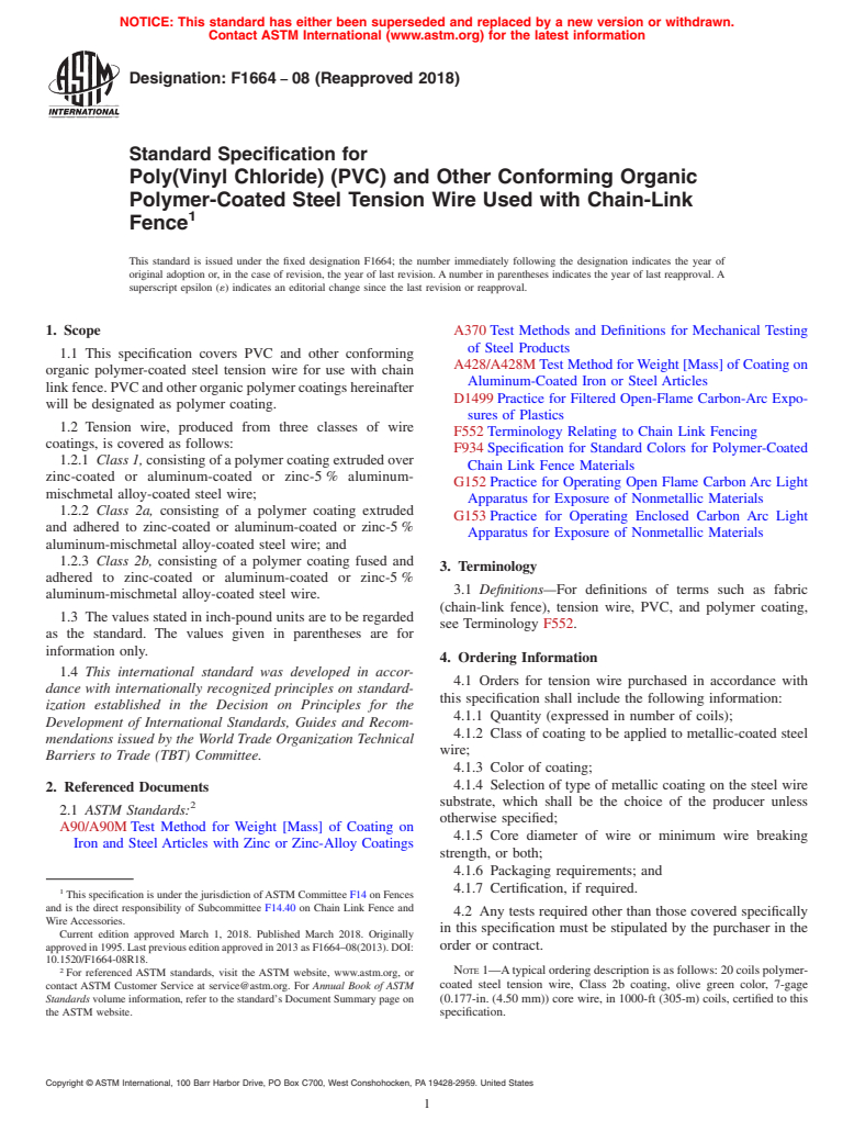 ASTM F1664-08(2018) - Standard Specification for  Poly(Vinyl Chloride) (PVC) and Other Conforming Organic Polymer-Coated  Steel Tension Wire Used with Chain-Link Fence