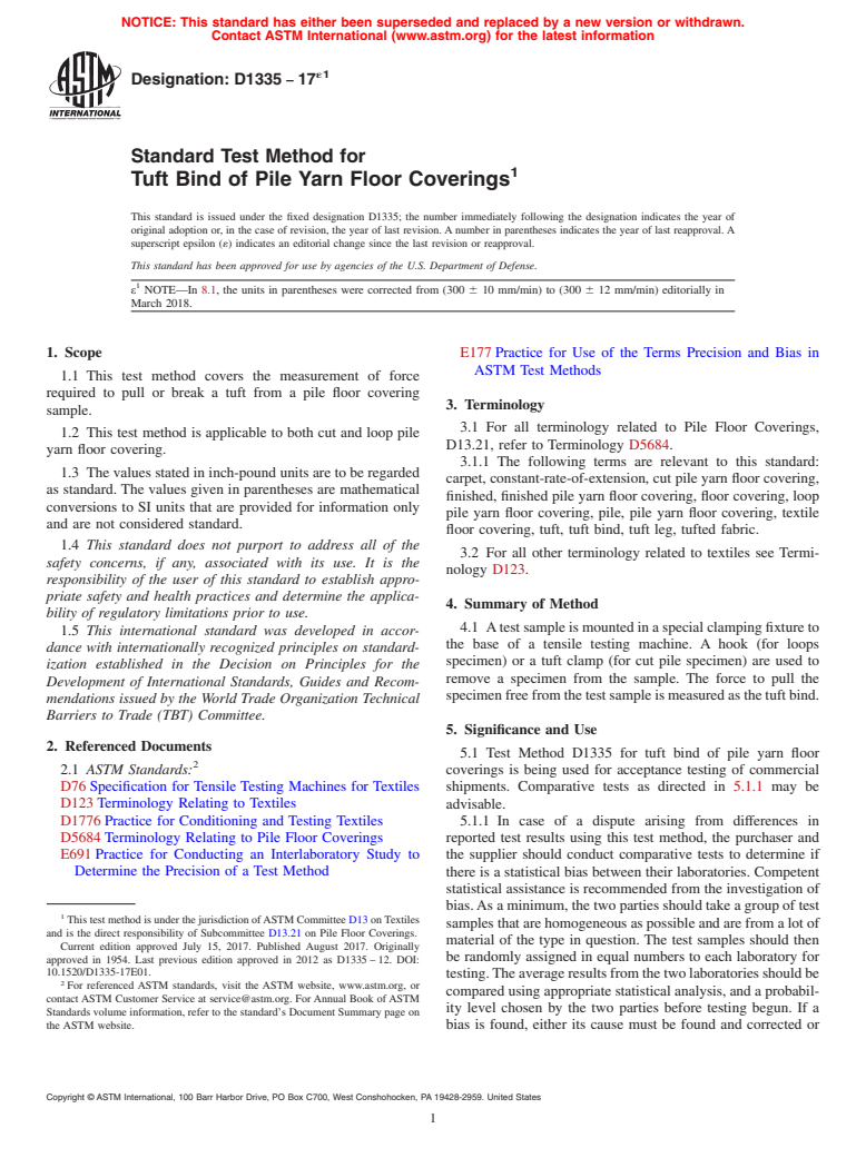 ASTM D1335-17e1 - Standard Test Method for  Tuft Bind of Pile Yarn Floor Coverings