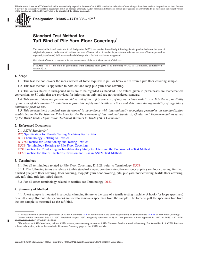 REDLINE ASTM D1335-17e1 - Standard Test Method for  Tuft Bind of Pile Yarn Floor Coverings