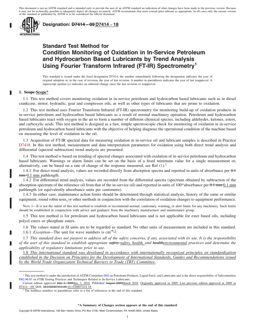 REDLINE ASTM D7414-18 - Standard Test Method for  Condition Monitoring of Oxidation in In-Service Petroleum and  Hydrocarbon Based Lubricants by Trend Analysis Using Fourier Transform  Infrared (FT-IR) Spectrometry