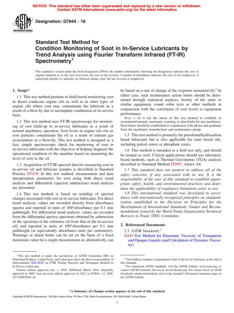 ASTM D7844-18 - Standard Test Method for Condition Monitoring of Soot in In-Service Lubricants by Trend  Analysis using Fourier Transform Infrared (FT-IR) Spectrometry