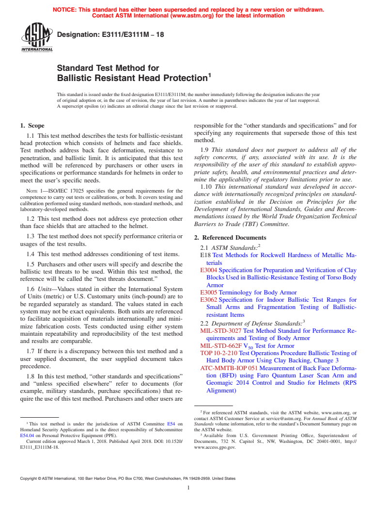 ASTM E3111/E3111M-18 - Standard Test Method for Ballistic Resistant Head Protection