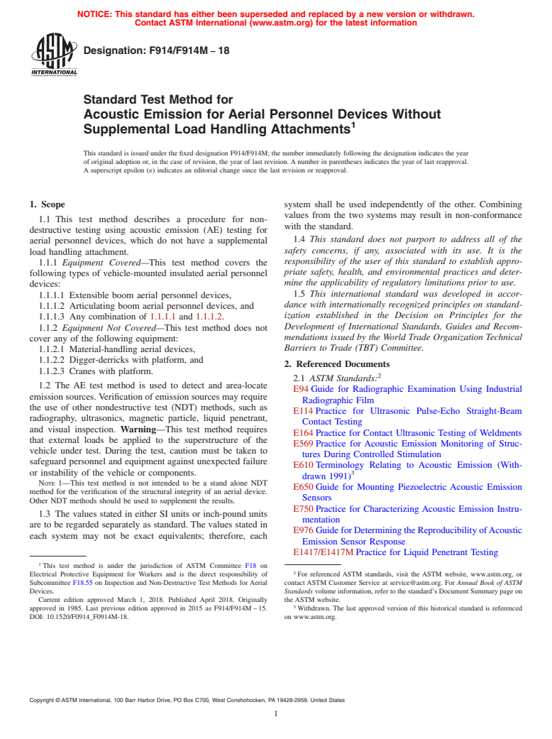 ASTM F914/F914M-18 - Standard Test Method for  Acoustic Emission for Aerial Personnel Devices Without Supplemental   Load Handling Attachments