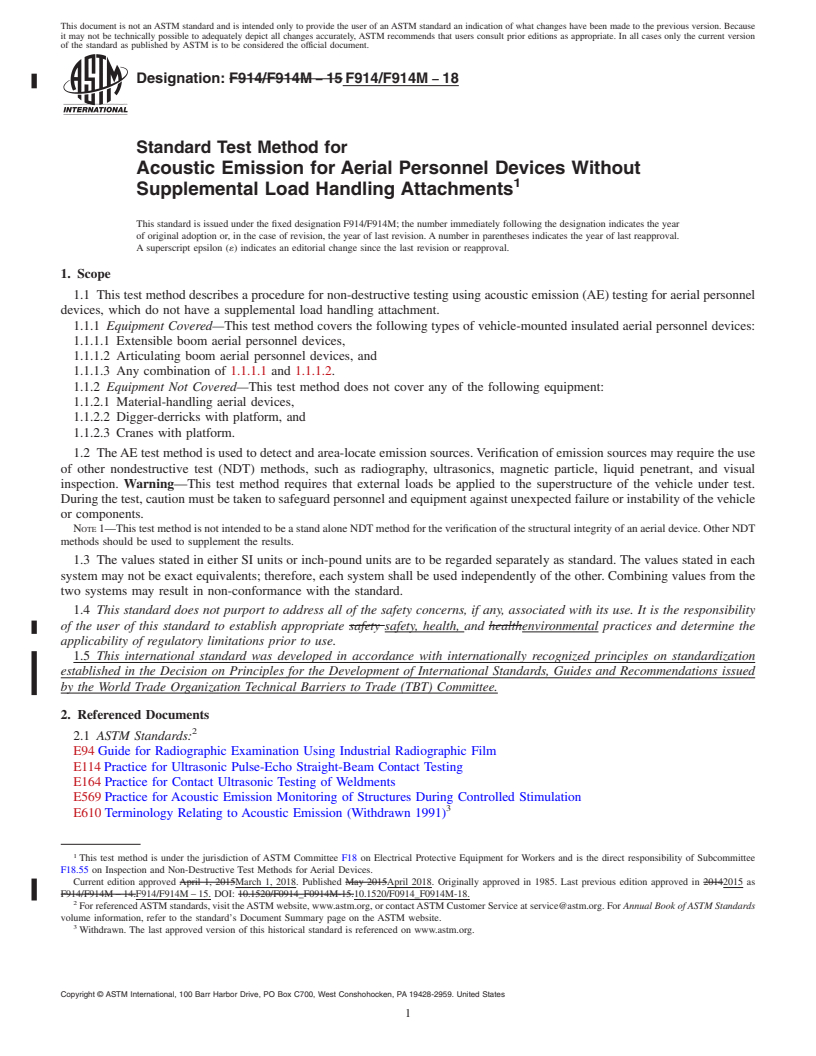 REDLINE ASTM F914/F914M-18 - Standard Test Method for  Acoustic Emission for Aerial Personnel Devices Without Supplemental   Load Handling Attachments