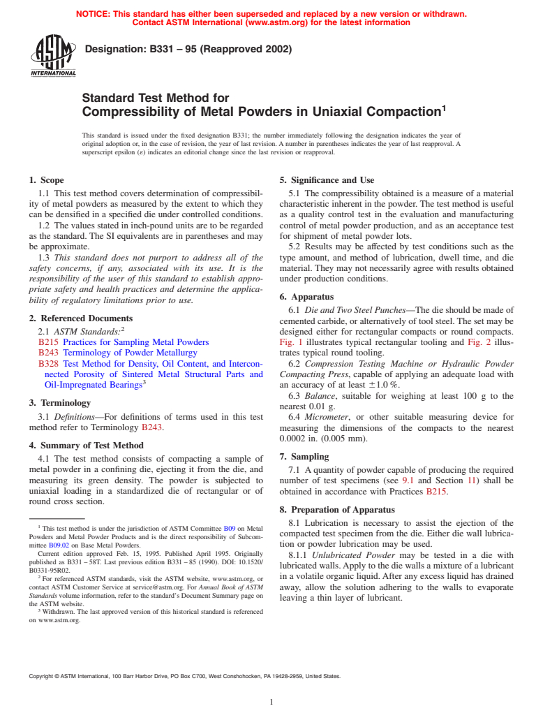 ASTM B331-95(2002) - Standard Test Method for Compressibility of Metal Powders in Uniaxial Compaction