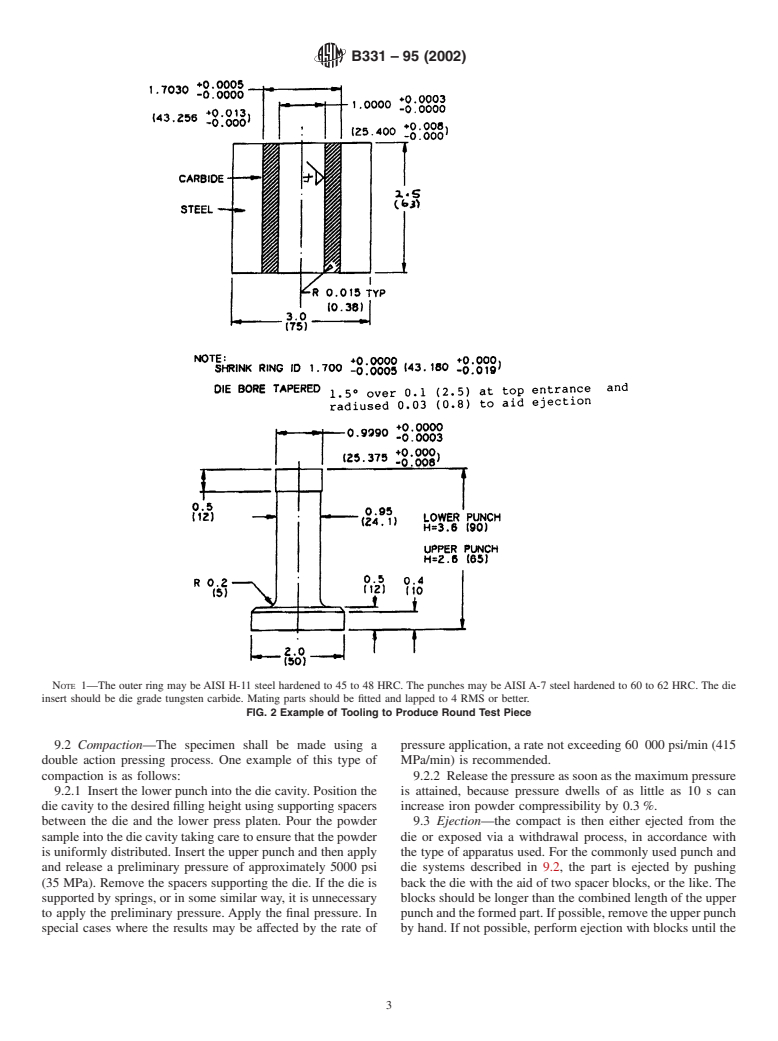 ASTM B331-95(2002) - Standard Test Method for Compressibility of Metal Powders in Uniaxial Compaction