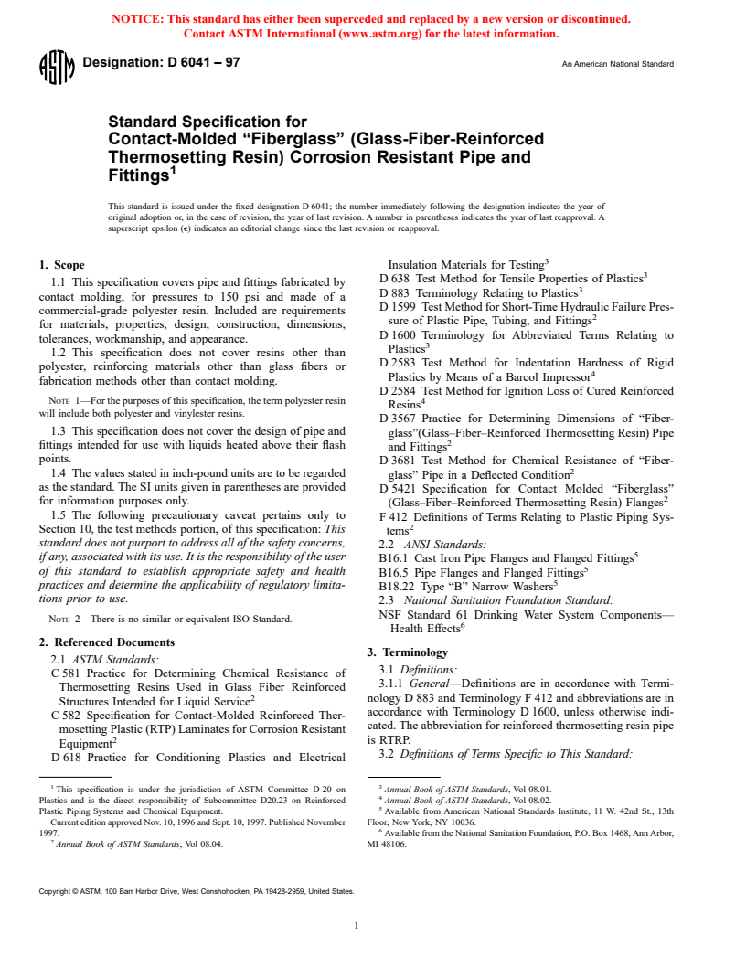 ASTM D6041-97 - Standard Specification for Contact-Molded "Fiberglass" (Glass-Fiber-Reinforced Thermosetting Resin) Corrosion Resistant Pipe and Fittings