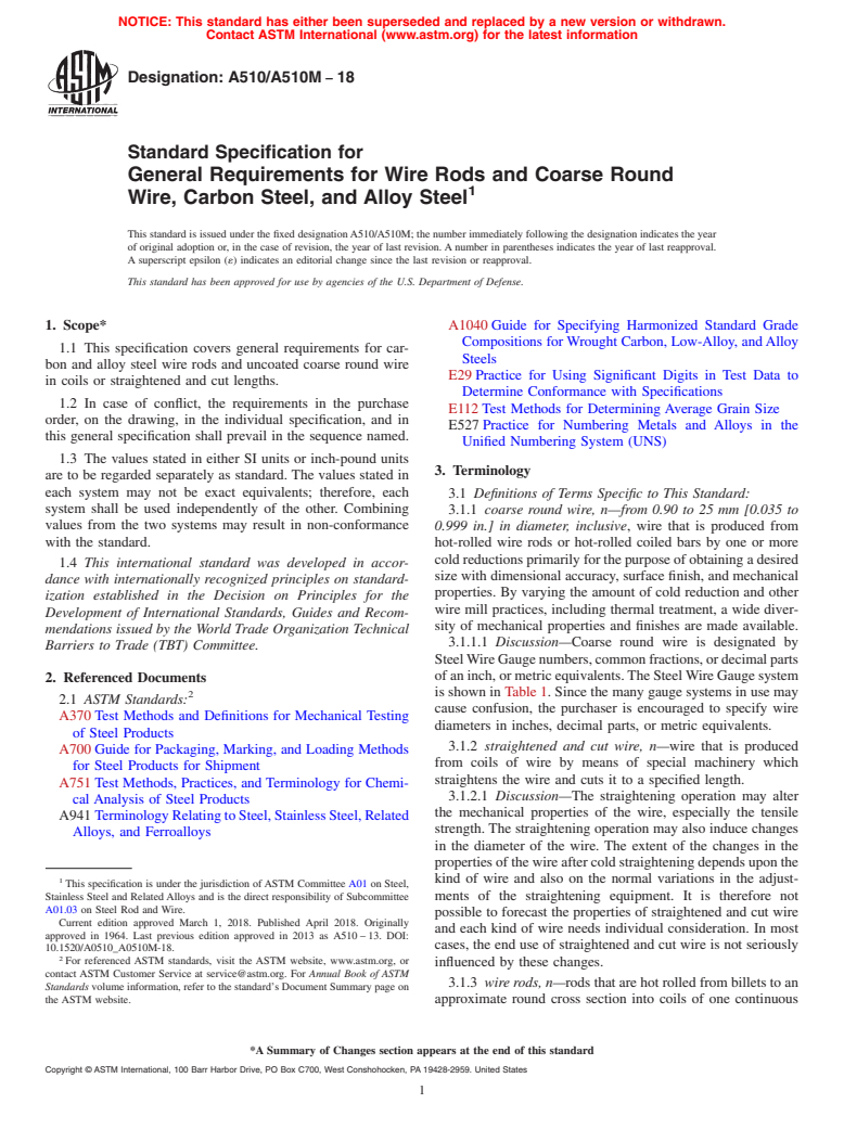 ASTM A510/A510M-18 - Standard Specification for  General Requirements for Wire Rods and Coarse Round Wire, Carbon  Steel, and Alloy Steel