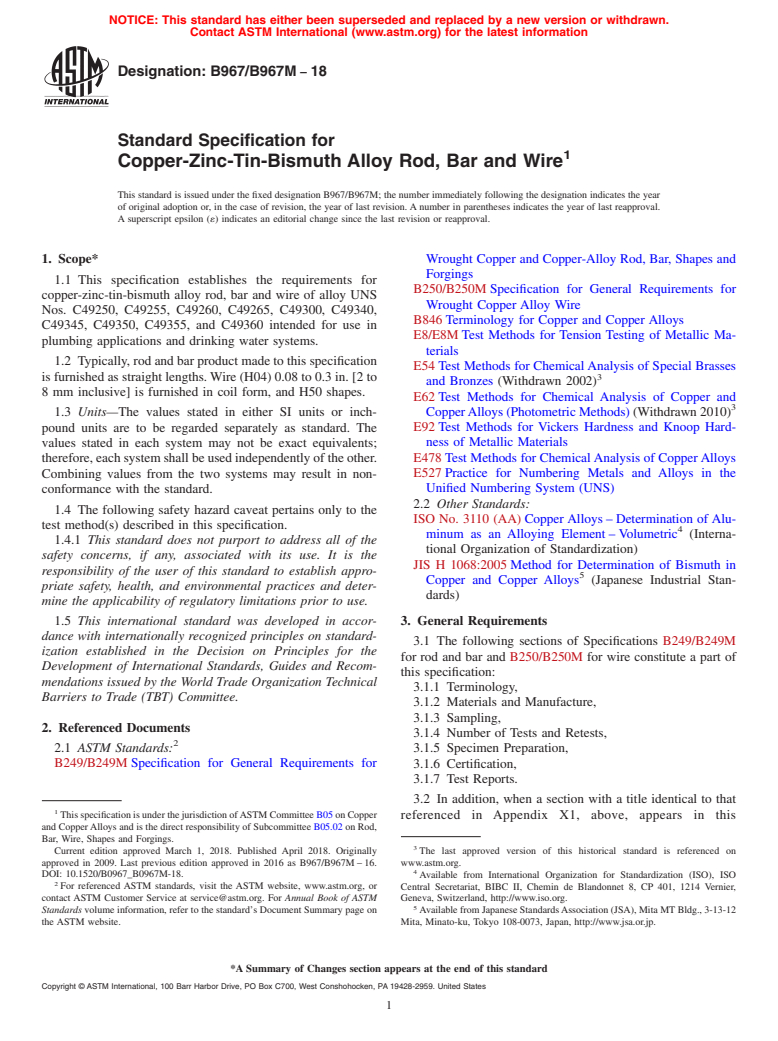 ASTM B967/B967M-18 - Standard Specification for Copper-Zinc-Tin-Bismuth ...