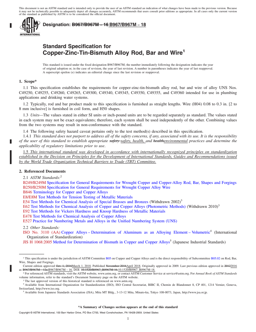 REDLINE ASTM B967/B967M-18 - Standard Specification for Copper-Zinc-Tin-Bismuth Alloy Rod, Bar and Wire