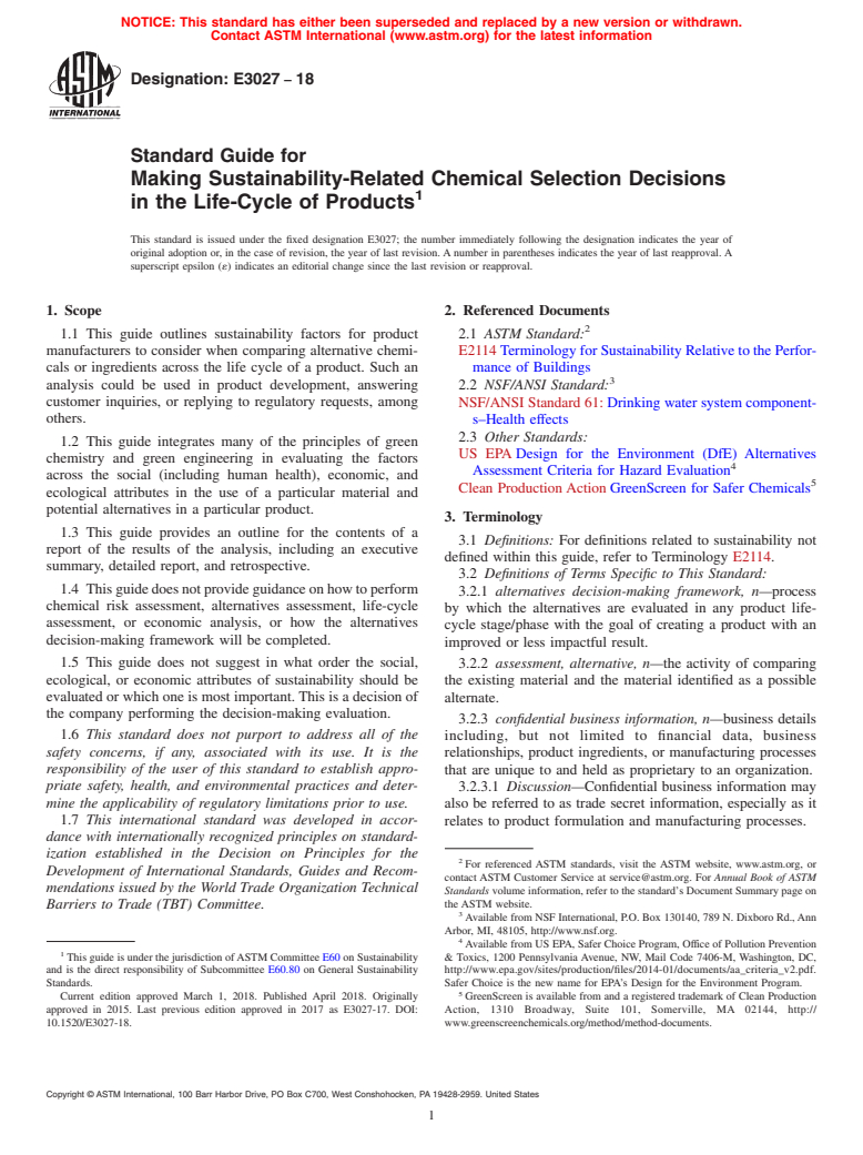 ASTM E3027-18 - Standard Guide for Making Sustainability-Related Chemical Selection Decisions  in the Life-Cycle of Products