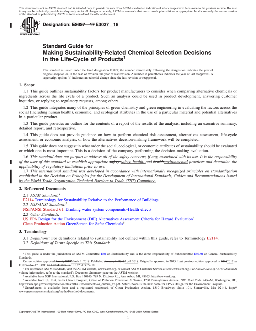 REDLINE ASTM E3027-18 - Standard Guide for Making Sustainability-Related Chemical Selection Decisions  in the Life-Cycle of Products