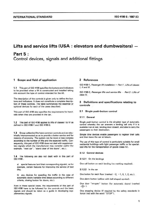 ISO 4190-5:1987 - Lifts and service lifts (USA: Elevators and dumbwaiters)