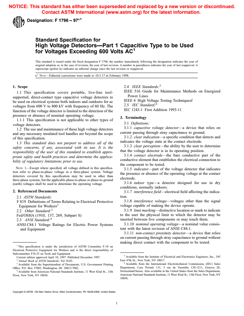 ASTM F1796-97e1 - Standard Specification for High Voltage Detectors- Part 1 Capacitive Type to be Used for Voltages Exceeding 600 Volts AC