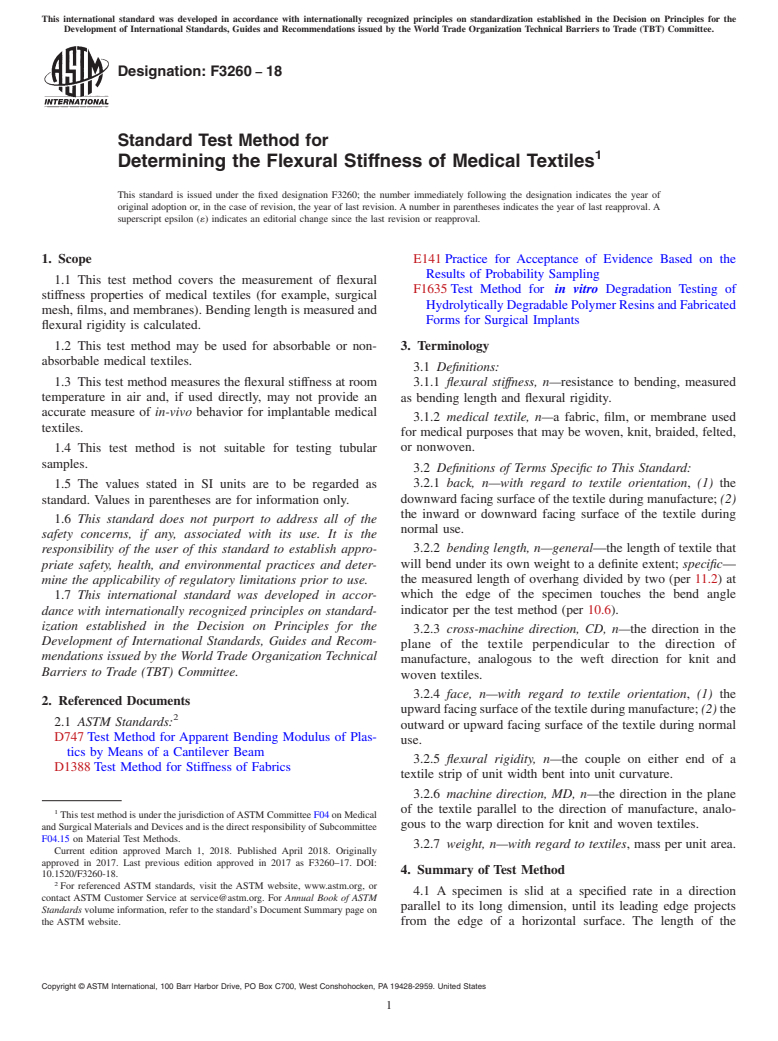 ASTM F3260-18 - Standard Test Method for Determining the Flexural Stiffness of Medical Textiles