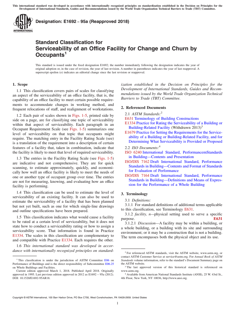 ASTM E1692-95a(2018) - Standard Classification for Serviceability of an Office Facility for Change and Churn by  Occupants