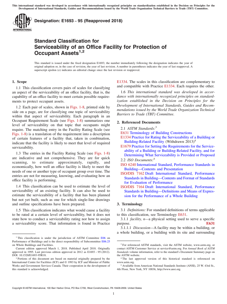 ASTM E1693-95(2018) - Standard Classification for Serviceability of an Office Facility for Protection of Occupant  Assets<rangeref></rangeref  >