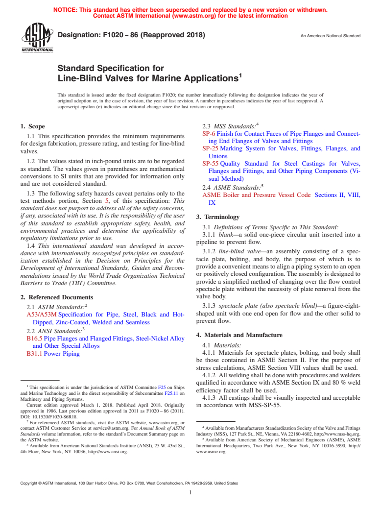 ASTM F1020-86(2018) - Standard Specification for  Line-Blind Valves for Marine Applications