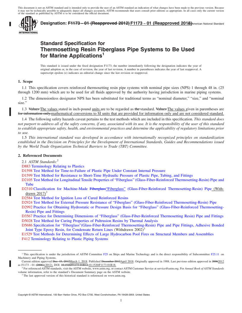 REDLINE ASTM F1173-01(2018) - Standard Specification for  Thermosetting Resin Fiberglass Pipe Systems to Be Used for  Marine Applications