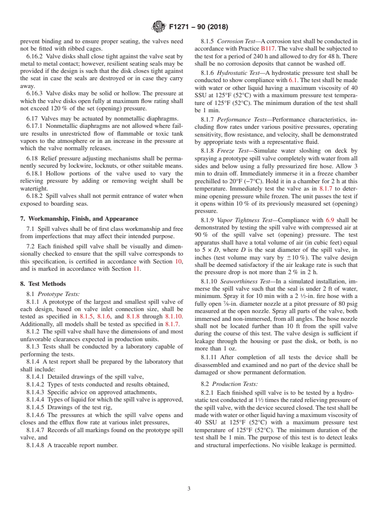 ASTM F1271-90(2018) - Standard Specification for  Spill Valves for Use in Marine Tank Liquid Overpressure Protections   Applications