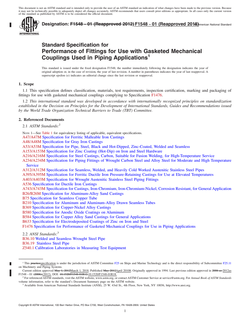 REDLINE ASTM F1548-01(2018) - Standard Specification for  Performance of Fittings for Use with Gasketed Mechanical Couplings   Used in Piping Applications