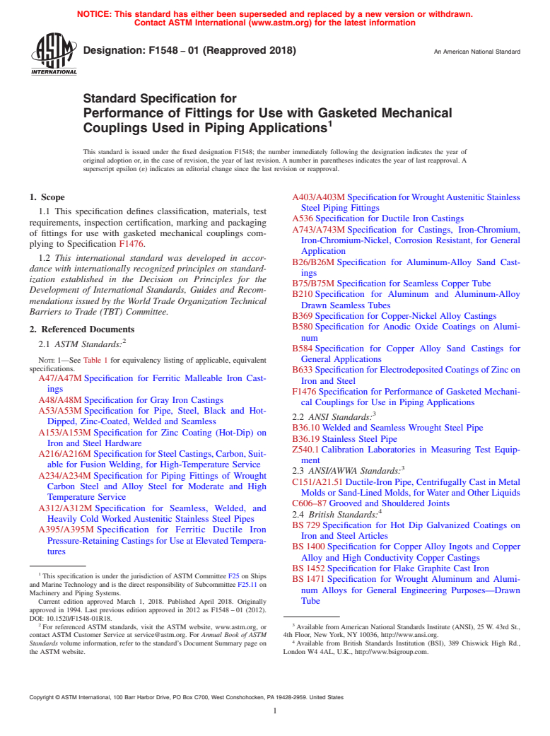 ASTM F1548-01(2018) - Standard Specification for  Performance of Fittings for Use with Gasketed Mechanical Couplings   Used in Piping Applications