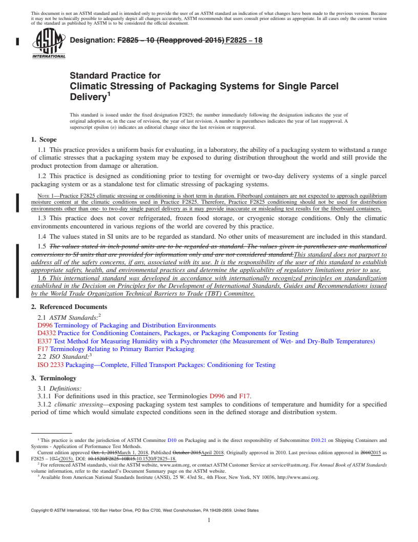 REDLINE ASTM F2825-18 - Standard Practice for  Climatic Stressing of Packaging Systems for Single Parcel Delivery