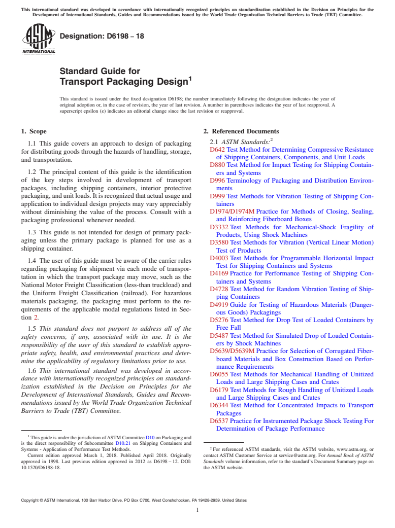 ASTM D6198-18 - Standard Guide for  Transport Packaging Design