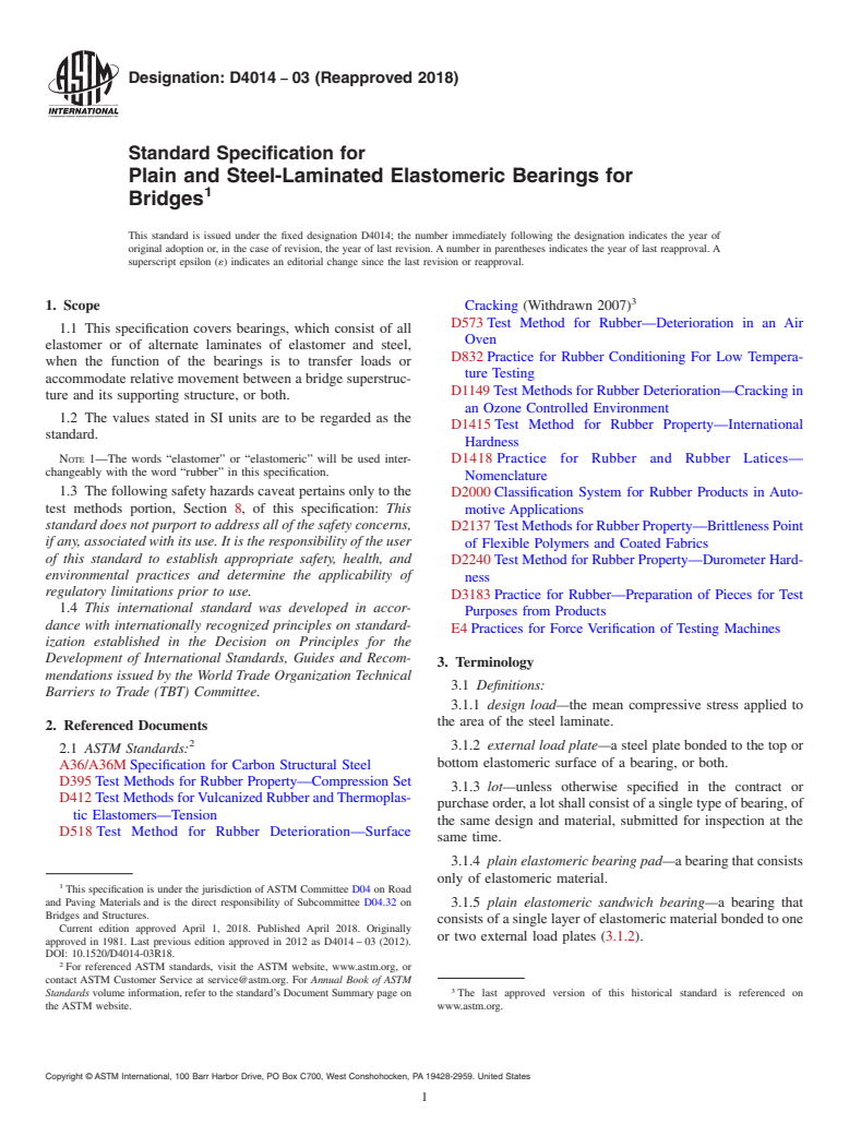 ASTM D4014-03(2018) - Standard Specification for Plain and Steel-Laminated Elastomeric Bearings for Bridges