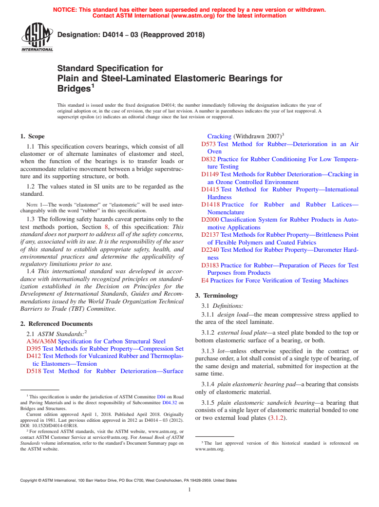 ASTM D4014-03(2018) - Standard Specification for Plain and Steel-Laminated Elastomeric Bearings for Bridges