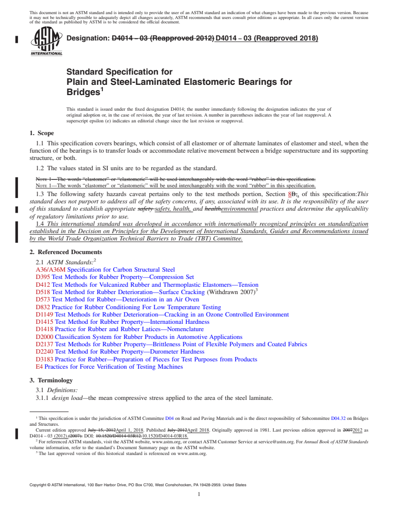 REDLINE ASTM D4014-03(2018) - Standard Specification for Plain and Steel-Laminated Elastomeric Bearings for Bridges