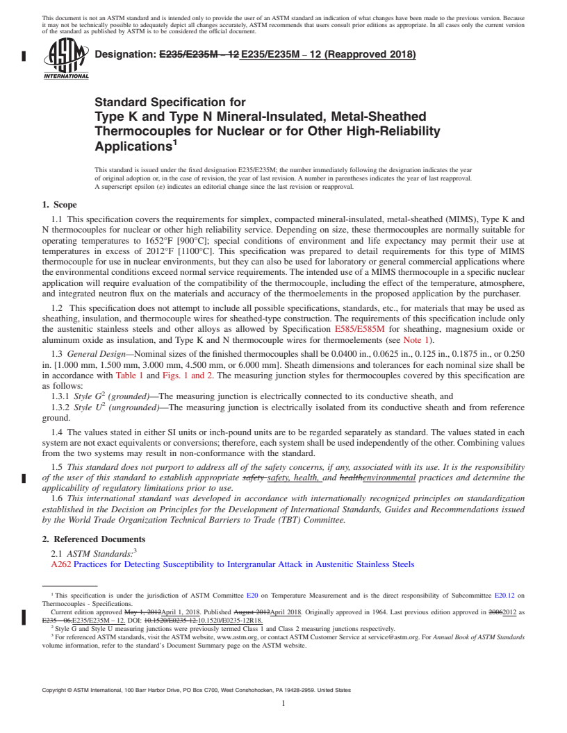REDLINE ASTM E235/E235M-12(2018) - Standard Specification for  Type K and Type N Mineral-Insulated, Metal-Sheathed Thermocouples  for Nuclear or for Other High-Reliability Applications