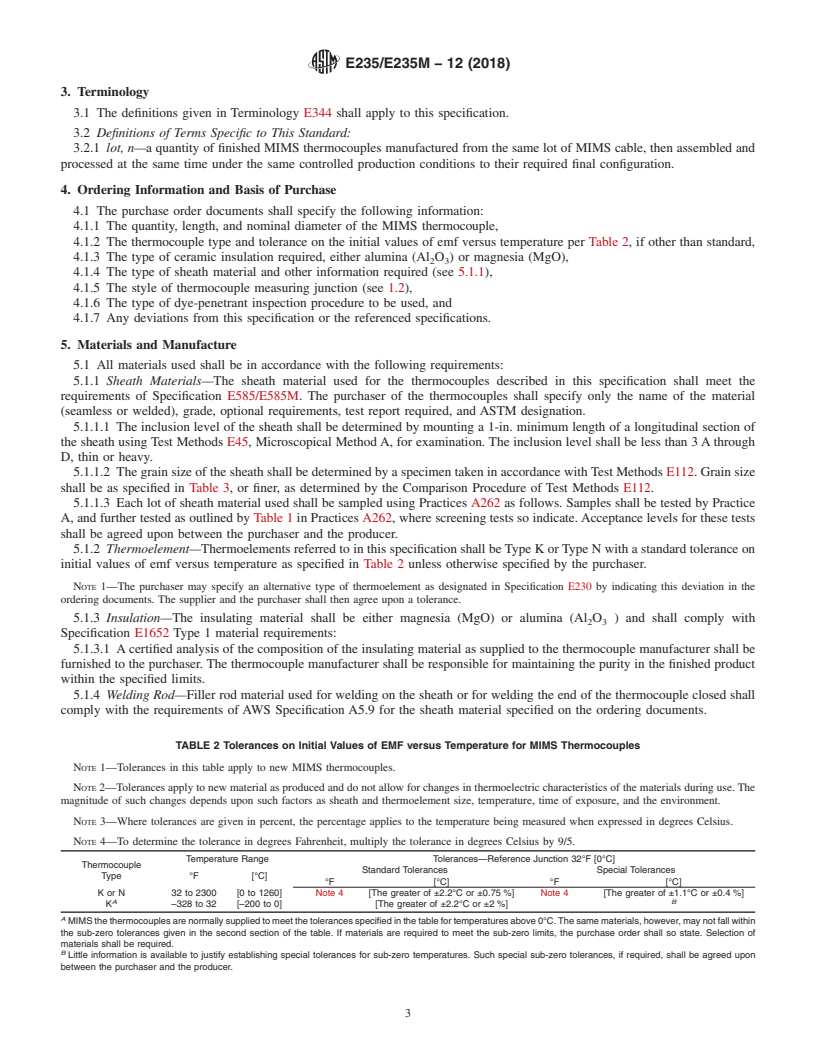 REDLINE ASTM E235/E235M-12(2018) - Standard Specification for  Type K and Type N Mineral-Insulated, Metal-Sheathed Thermocouples  for Nuclear or for Other High-Reliability Applications