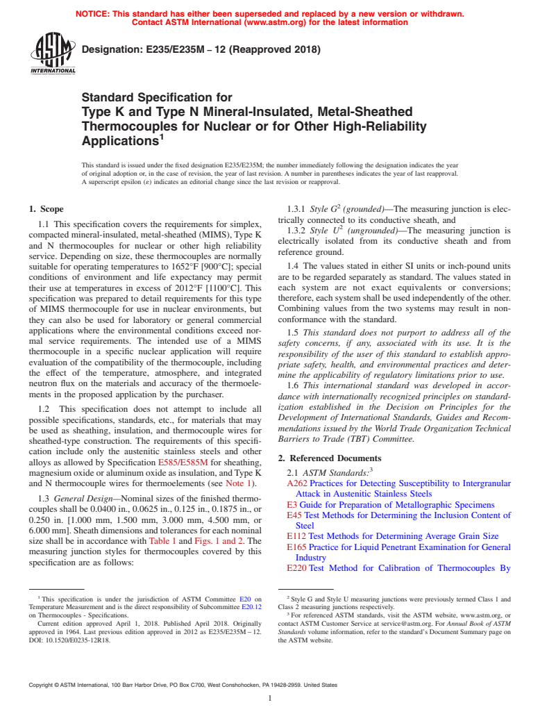 ASTM E235/E235M-12(2018) - Standard Specification for  Type K and Type N Mineral-Insulated, Metal-Sheathed Thermocouples  for Nuclear or for Other High-Reliability Applications