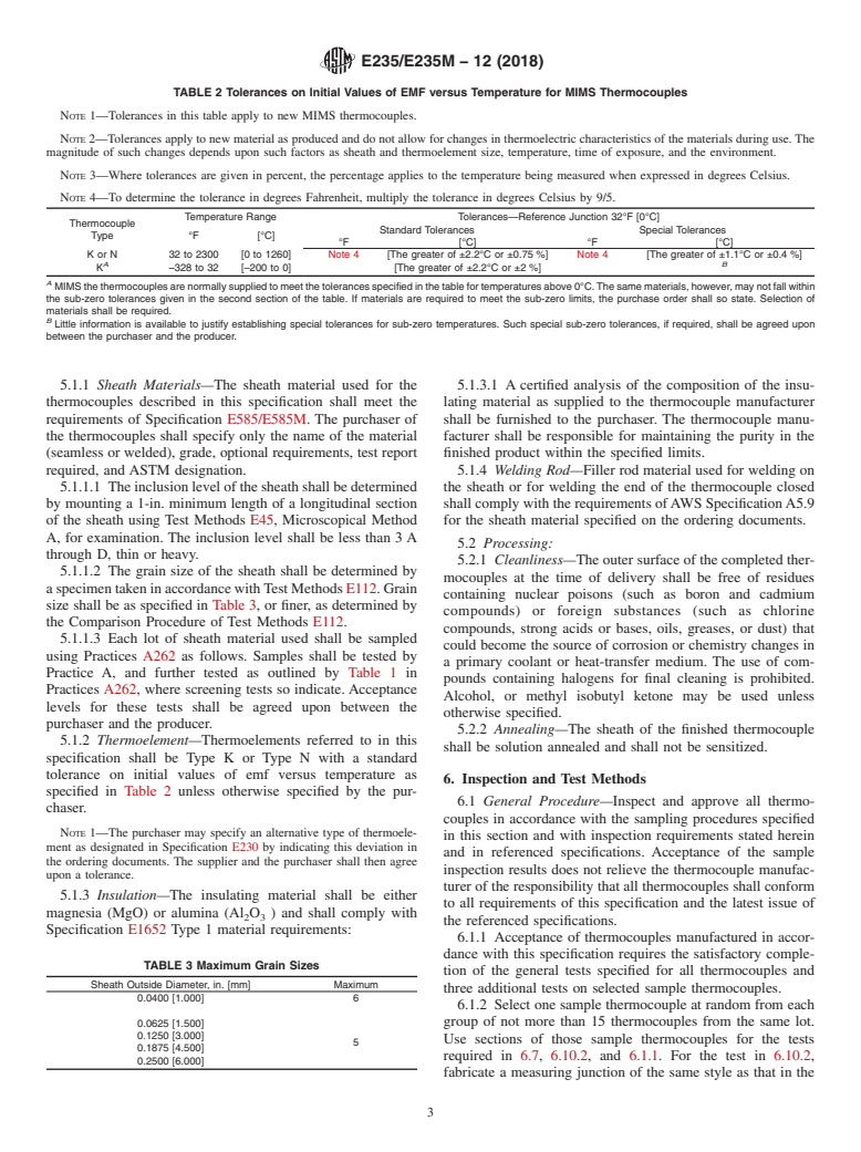 ASTM E235/E235M-12(2018) - Standard Specification for  Type K and Type N Mineral-Insulated, Metal-Sheathed Thermocouples  for Nuclear or for Other High-Reliability Applications