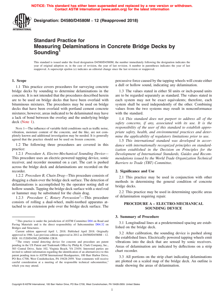ASTM D4580/D4580M-12(2018) - Standard Practice for  Measuring Delaminations in Concrete Bridge Decks by Sounding