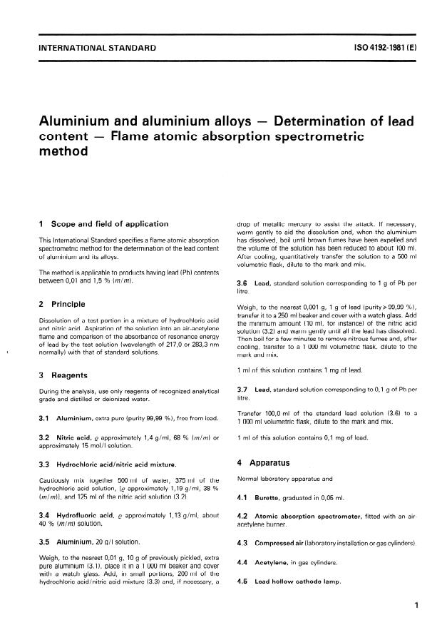 ISO 4192:1981 - Aluminium and aluminium alloys -- Determination of lead content -- Flame atomic absorption spectrometric method