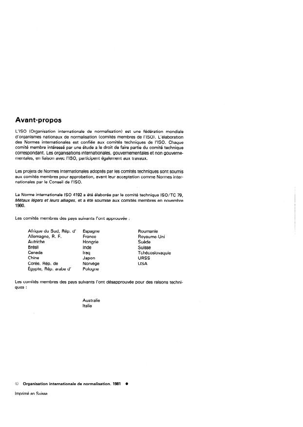 ISO 4192:1981 ISO 4192:1981 - Aluminium et alliages d'aluminium -- Dosage du plomb -- Méthode par spectrométrie d'absorption atomique dans la flamme - Page 2 preview