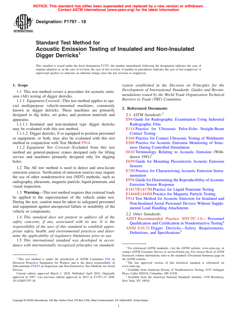 ASTM F1797-18 - Standard Test Method for  Acoustic Emission Testing of Insulated and Non-Insulated Digger   Derricks