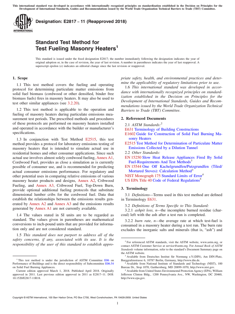 ASTM E2817-11(2018) - Standard Test Method for Test Fueling Masonry Heaters