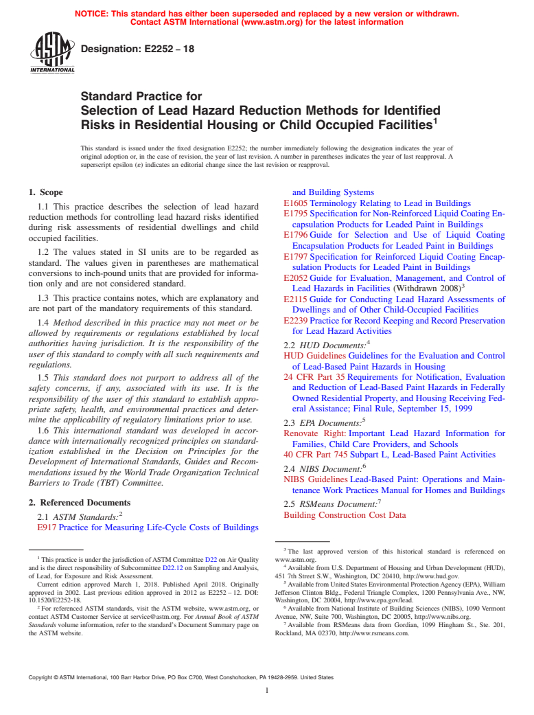 ASTM E2252-18 - Standard Practice for Selection of Lead Hazard Reduction Methods for Identified Risks  in Residential Housing or Child Occupied Facilities