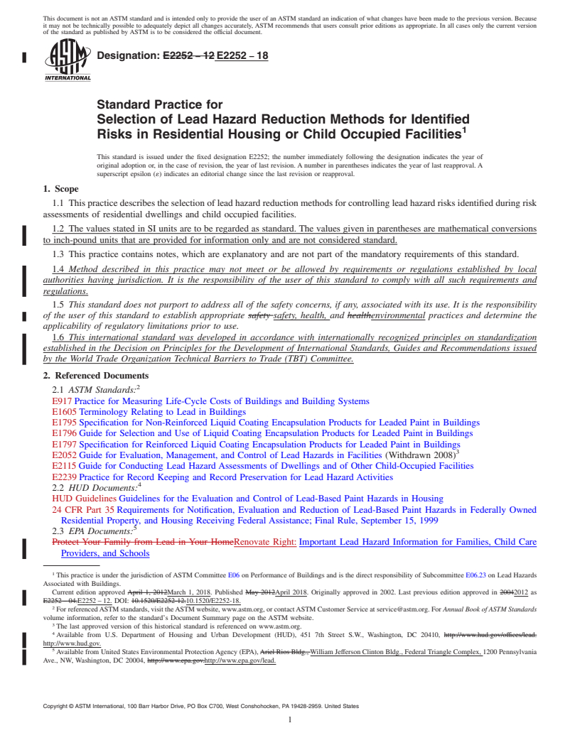 REDLINE ASTM E2252-18 - Standard Practice for Selection of Lead Hazard Reduction Methods for Identified Risks  in Residential Housing or Child Occupied Facilities