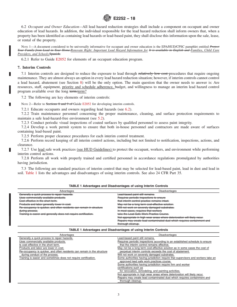 REDLINE ASTM E2252-18 - Standard Practice for Selection of Lead Hazard Reduction Methods for Identified Risks  in Residential Housing or Child Occupied Facilities