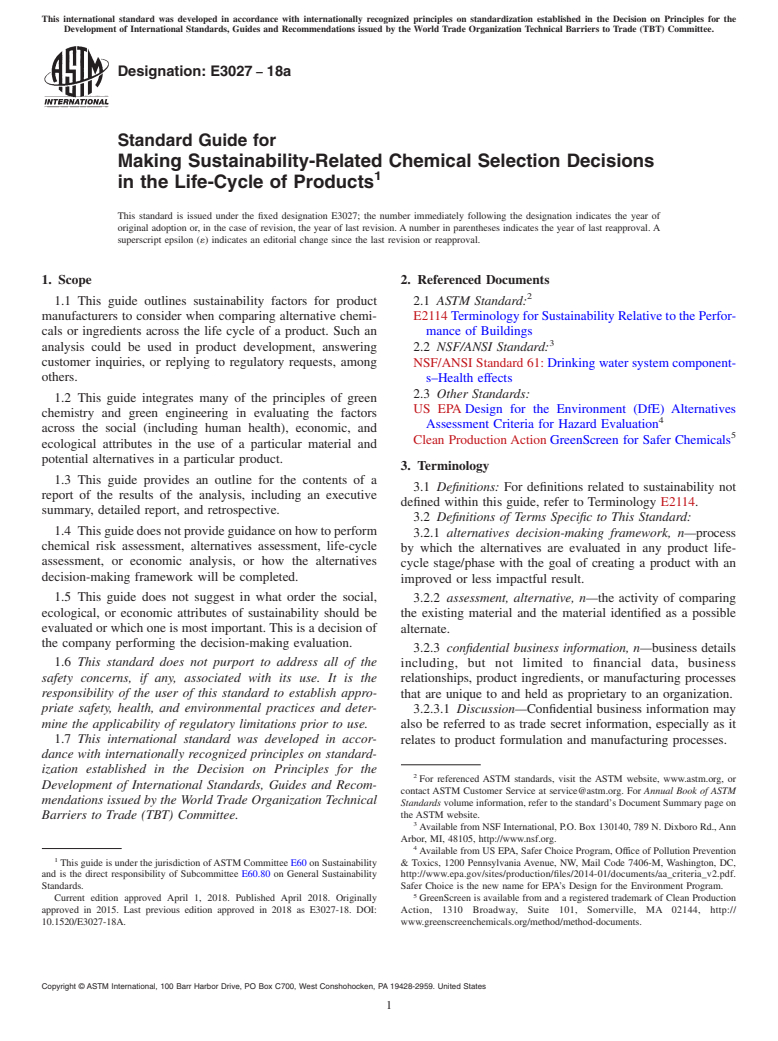 ASTM E3027-18a - Standard Guide for Making Sustainability-Related Chemical Selection Decisions  in the Life-Cycle of Products