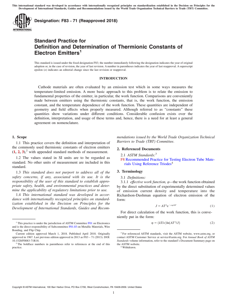 ASTM F83-71(2018) - Standard Practice for  Definition and Determination of Thermionic Constants of Electron  Emitters